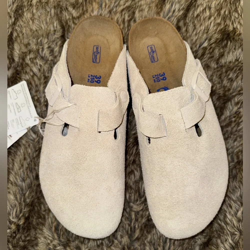 Birkenstock Boston Mules Antique White Suede Leather Slides - Picture 2 of 8